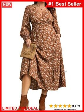 Plus Size Floral Wrap V-Neck Long Sleeve Maxi Dress Pockets